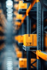 Fototapeta premium Aisle of a warehouse with neatly stacked yellow boxes on metal shelves, showcasing organized storage and inventory management.