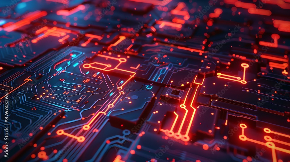 Poster closeup of a futuristic circuit board with a radiant central processor and intricate connections
