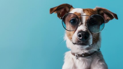 A dog wearing glasses on a soft blue background,