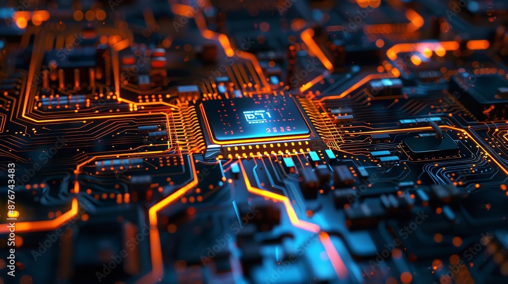 Poster closeup of a futuristic circuit board with a radiant central processor and intricate connections