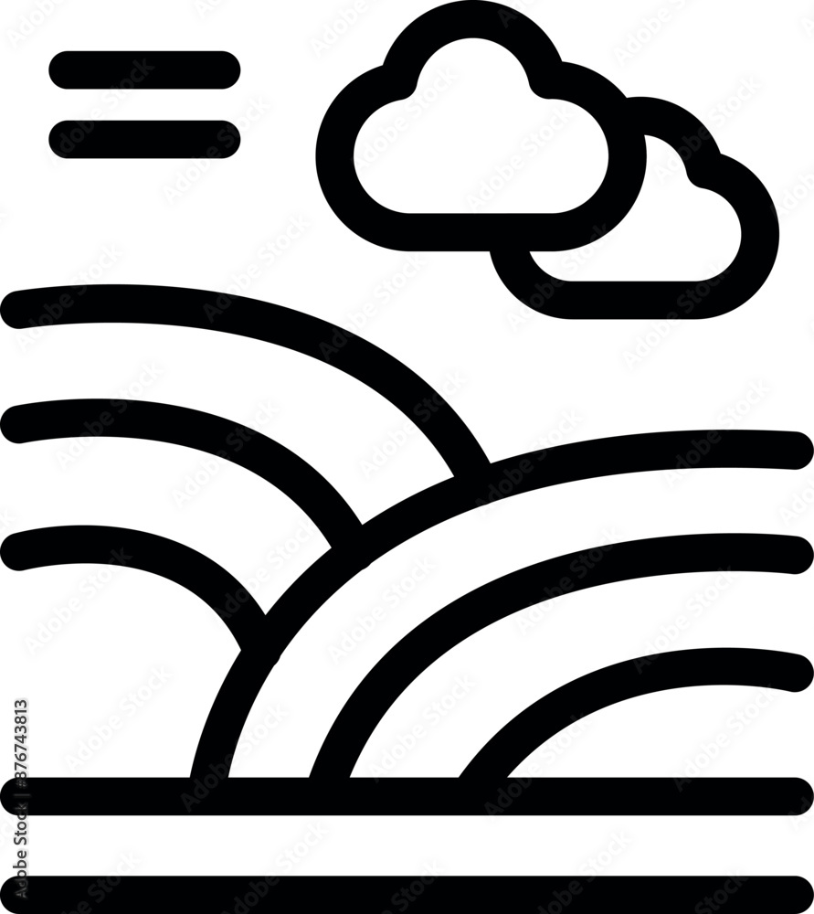 Poster minimalist line art icon of a simple landscape with clouds over rolling hills
