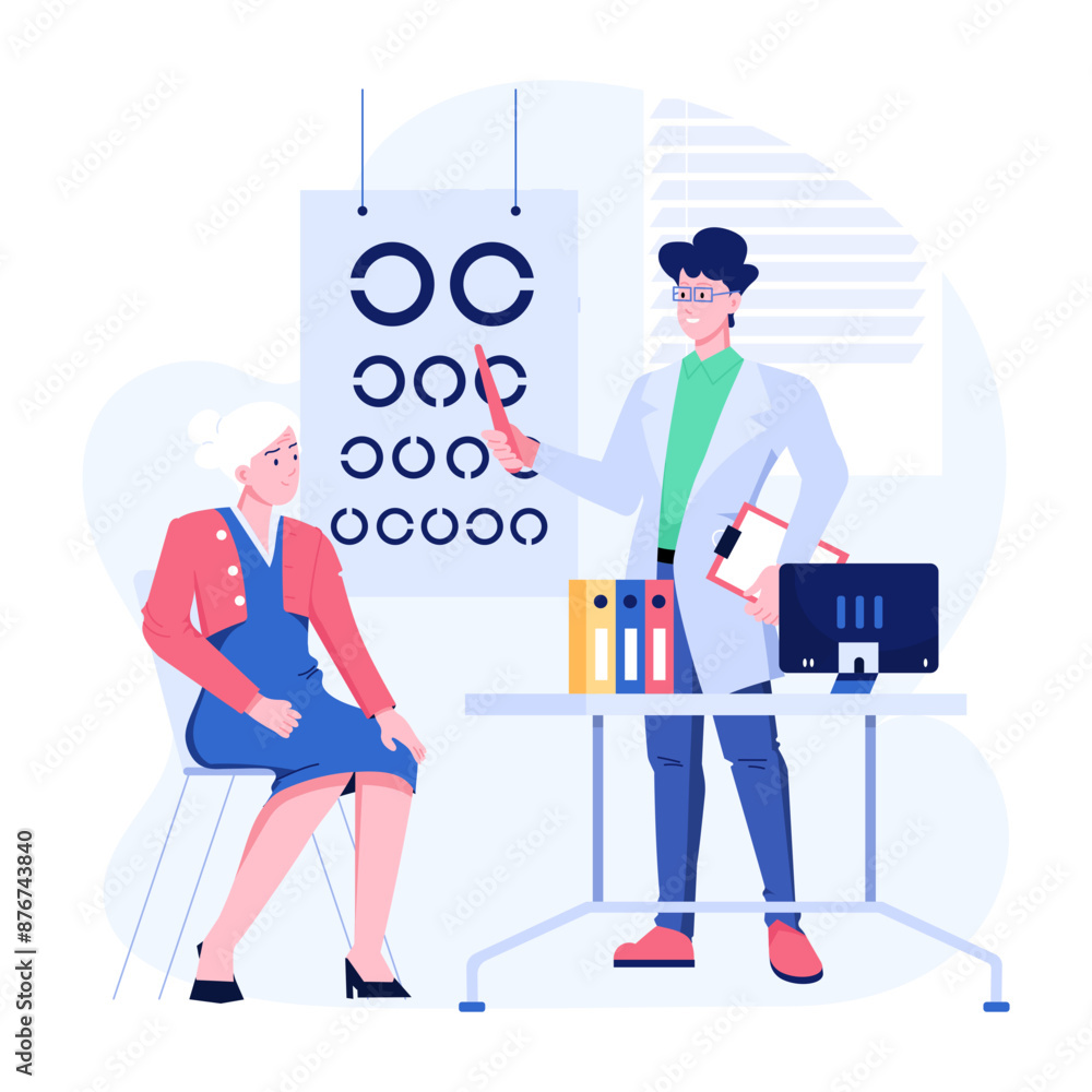 Wall mural doctor taking a patient eyesight test, flat illustration