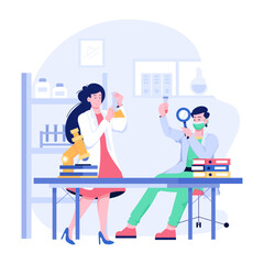 Lab doctors examining sample tubes, flat illustration 