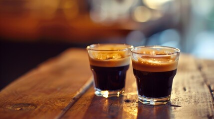 Two espressos sat elegantly on a polished wooden table.