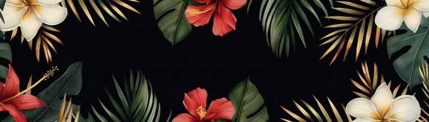 Tropical floral pattern with vibrant hibiscus and palm leaves on a black background, perfect for summer and beach-themed designs.