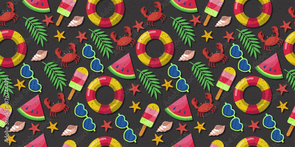 Poster attributes of summer and beach holiday. vector pattern of beach accessories. seamless stylish patter