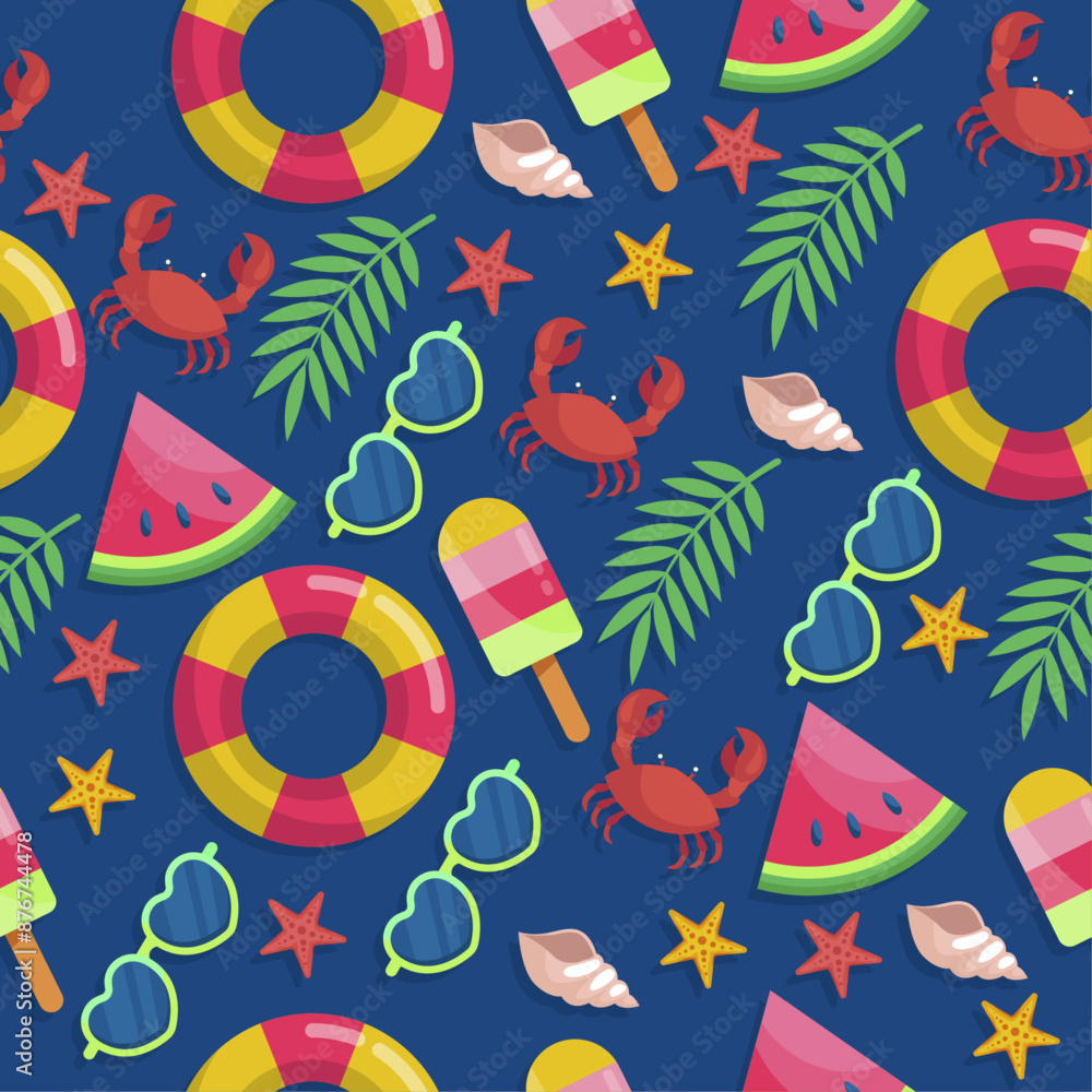 Poster attributes of summer and beach holiday. seamless stylish pattern on a summer theme. watermelon, ice 