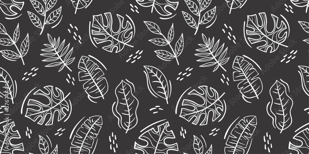 Poster palm leaves on a black background. vector pattern of exotic palm leaves.