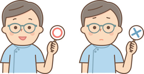 丸とバツの札を持つ男性医師