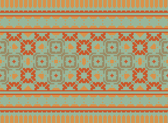 Ethnic geometric seamless fabric pattern ,Cross Stitch ,Pixel pattern embroidery oriental. Ethnic pattern seamless pixel art for Fabric geometric ethnic pattern