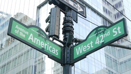 New York City crossroad, 42 street intersection road sign. 6 Sixth ave, Americas avenue corner,...