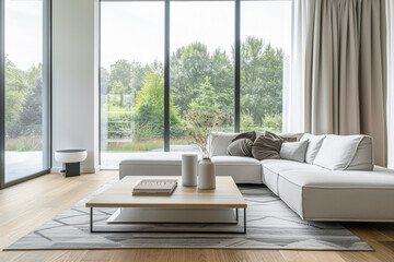 Fototapeta premium Minimalist room interiors with a sofa, a large window and a table in a luxury property Real Estate composition with copy space.