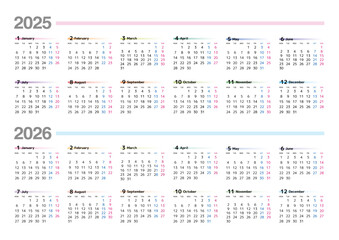 2025年の年間カレンダー月曜始まり日本の祝日表記は無し