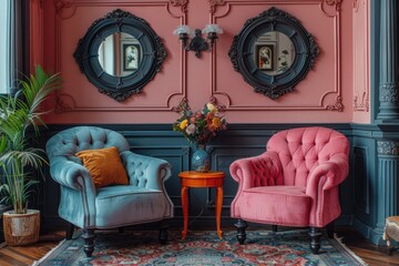 A bright room with two velvet armchairs, one in turquoise and the other in orange against pink walls, a coffee table between them decorated with flowers and vases
