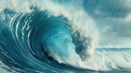 Captivating ocean wave breaks dramatically with white foam splashing, creating a vivid fiery nautical seascape.