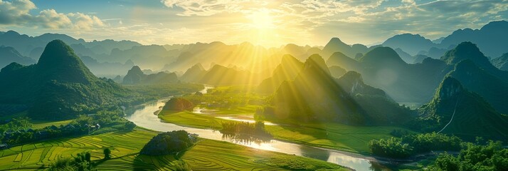 Aerial View of Valley Landscape at Sunset: River, Green Rice Fields, Nature. Travel and Landscape Concept