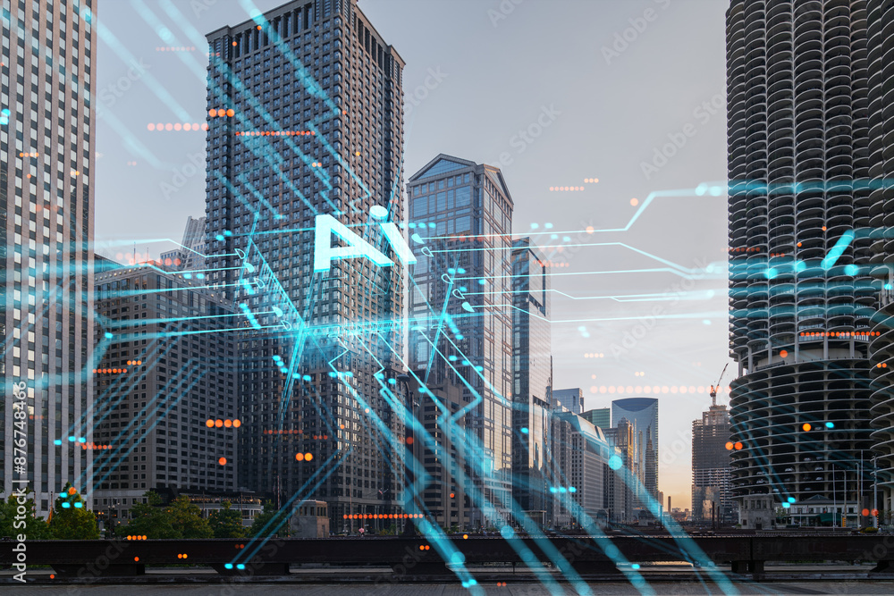 Poster double exposure of a cityscape with digital hologram-like structures overlaying it. photography and 