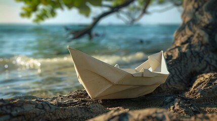 origami paper in the shape of a boat leaning against a tree trunk by the beach