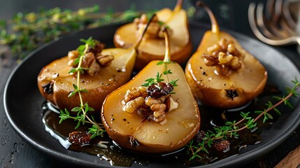Pears baked in honey with nuts and raisins are served with fresh thyme on a black plate