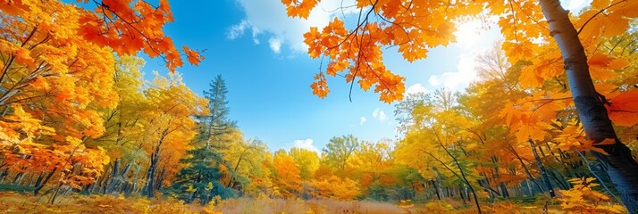 Autumn background landscape. Yellow color tree. red orange foliage in fall forest. Abstract autumn nature beauty scene October season sun heart shape sky Calm season life feel. Fall nature tree leaves