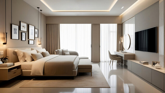 Main bedroom model in beige, cream, minimalist style.