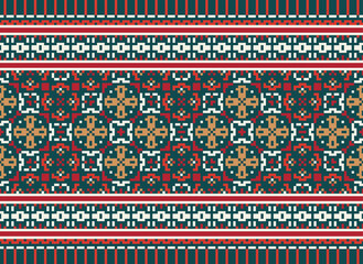 Cross Stitch Seamless Pattern, Traditional Pixel Geometric Abstract Ethnic Pattern for Clothing, fabric, wallpaper, Batik, Knitwear, Pixel Art. Ethnic Art Designer.