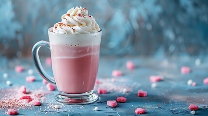 Pink hot chocolate with whipped cream and sugar hearts in a glass mug on blue background