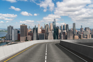 Empty urban asphalt road exterior with city buildings background. New modern highway concrete construction. Concept of way to success. Transportation logistic industry fast delivery. New York. USA.