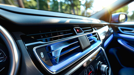 A close-up shot of a cars air conditioner vent, showcasing the cool air flow and sleek design of the interior