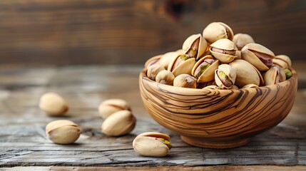 Pistachios in wooden bowl isolated on a wooden background