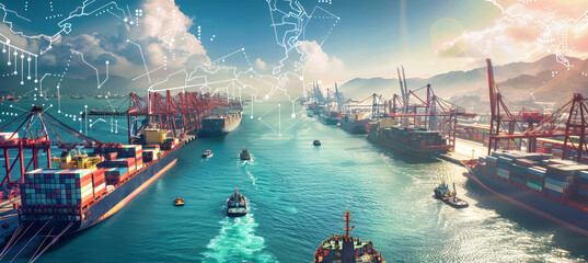 A cargo ship surrounded by other ships and cranes in a harbor, highlighted by the sun with a digital map overlay hinting at global trade and transportation