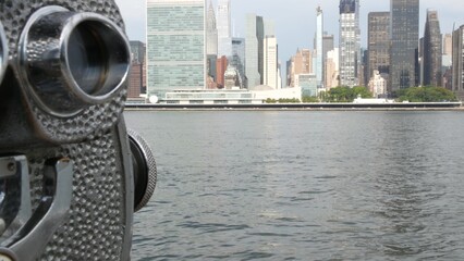 New York City waterfront skyline, Manhattan Midtown buildings, riverfront skyscrapers by East river...