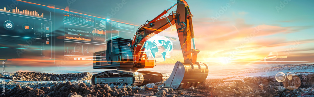 Poster an excavator stands in a rocky field, its performance and energy efficiency displayed by digital dat