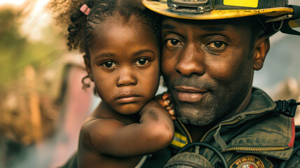 Fototapeta premium A firefighter holds a young girl close, offering comfort and protection in the aftermath of a disaster
