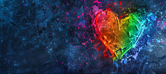 A colorful heart painted in rainbow hues bursts forth from a dark, textured background