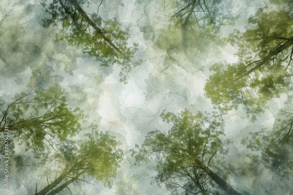 Poster a group of trees suspended high above the ground, creating a unique cloud forest scenery