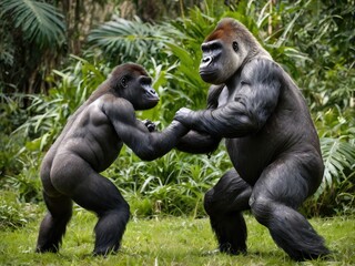 Naklejka premium Powerful silverback gorillas wrestling in tropical jungle, muscular primate interaction in lush rainforest, wild animal behavior and strength