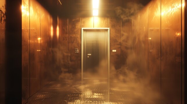 Futuristic elevator door framed with a vibrant blue neon outline, casting a glow on the surrounding concrete walls in a dimly lit space