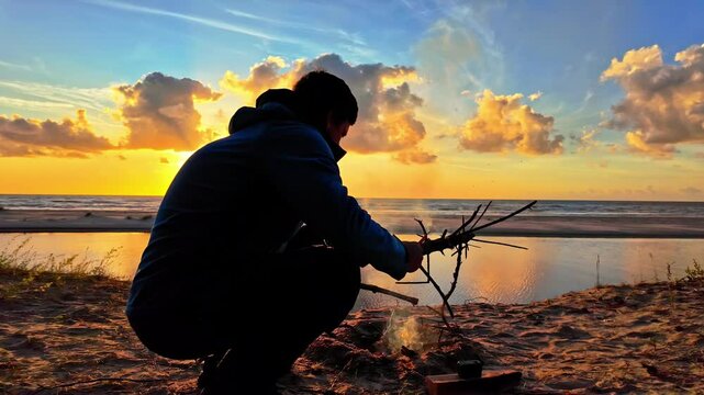 Man is making a fire on the beach while sunset, slowmotion, beautiful colors and clouds on the sky with copy space