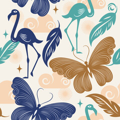 Naklejka premium Seamless floral pattern with flamingo and butterfly, leaves, flowers and branches, elegance beautiful botanical pattern
