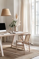 A modern minimalist desk adorned with sleek stationery, geometric decor, and a sleek desktop computer, creating a clean and sophisticated, Generative AI