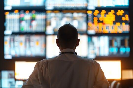 A man in a white shirt and headphones sits in front of a large video wall. He is looking at the screens intently.