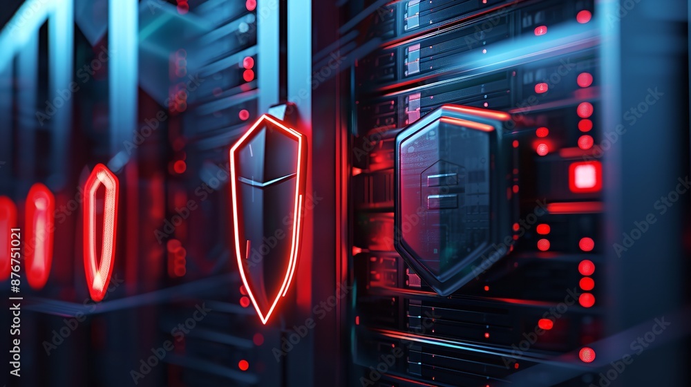 Poster rows of servers humming in a hidden hacker's hideout, surrounded by blinking lights