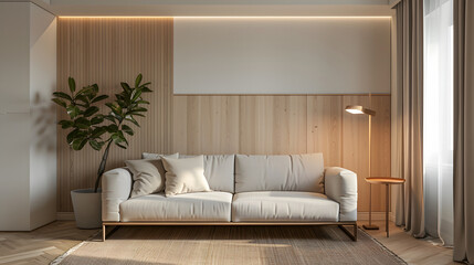 Modern minimalist living room interior with a sofa, wooden floor and white wall with LED lighting