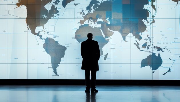 A man stands in front of a world map, contemplating his next move.