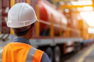 A worker wearing a hard hat and safety vest is inspecting a train.