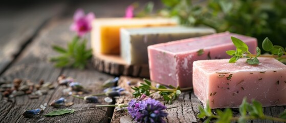Handmade soaps with natural ingredients and vibrant flowers on rustic wooden background, perfect for bath and beauty themes.