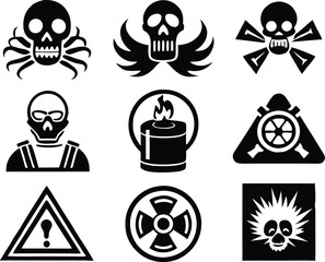 Set of Hazard and Dangerous line icons, safety, caution, risk, line, mark, security, alert