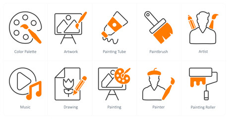 A set of 10 art icons as color palette, artwork, painting tube