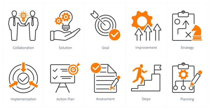 A set of 10 Action Plan icons as collaboration, solution, goal